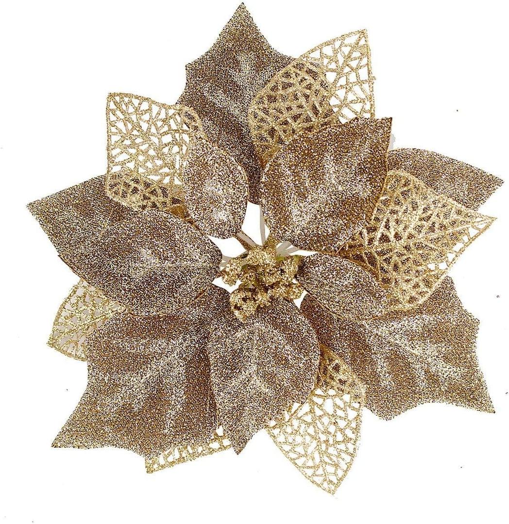 (Pack of 6) Glitter Poinsettia Christmas Tree Ornaments, Christmas Decorations Flower (Brown Gold)