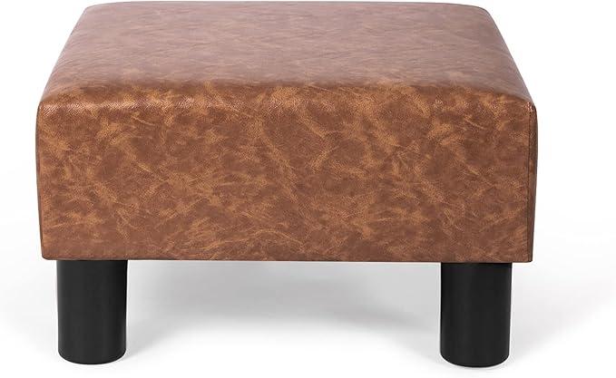 Small Footstool Ottoman PU Leather Footrest Modern Square Stool for Living Room Bedroom, Light Brown