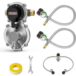 2 Tank-2-Stage Auto Changeover LP Propane Regulator Includes 18" Pigtail Propane Hoses with Gauge, Stainless Braided Hose QCC1 1/4" Inverted Male Flare, 3/8" NPT Female Outer for RV Trailer