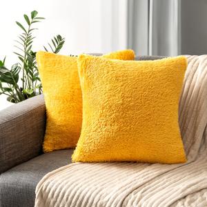 PAVILIA Fluffy Mustard Yellow Throw Pillow Covers, Decorative Accent Pillow Cases for Bed Sofa Couch, Soft Faux Fur Cushion Cover, Square Sherpa Pillowcases, Home Room Decor, Yellow, 18x18 Set of 2