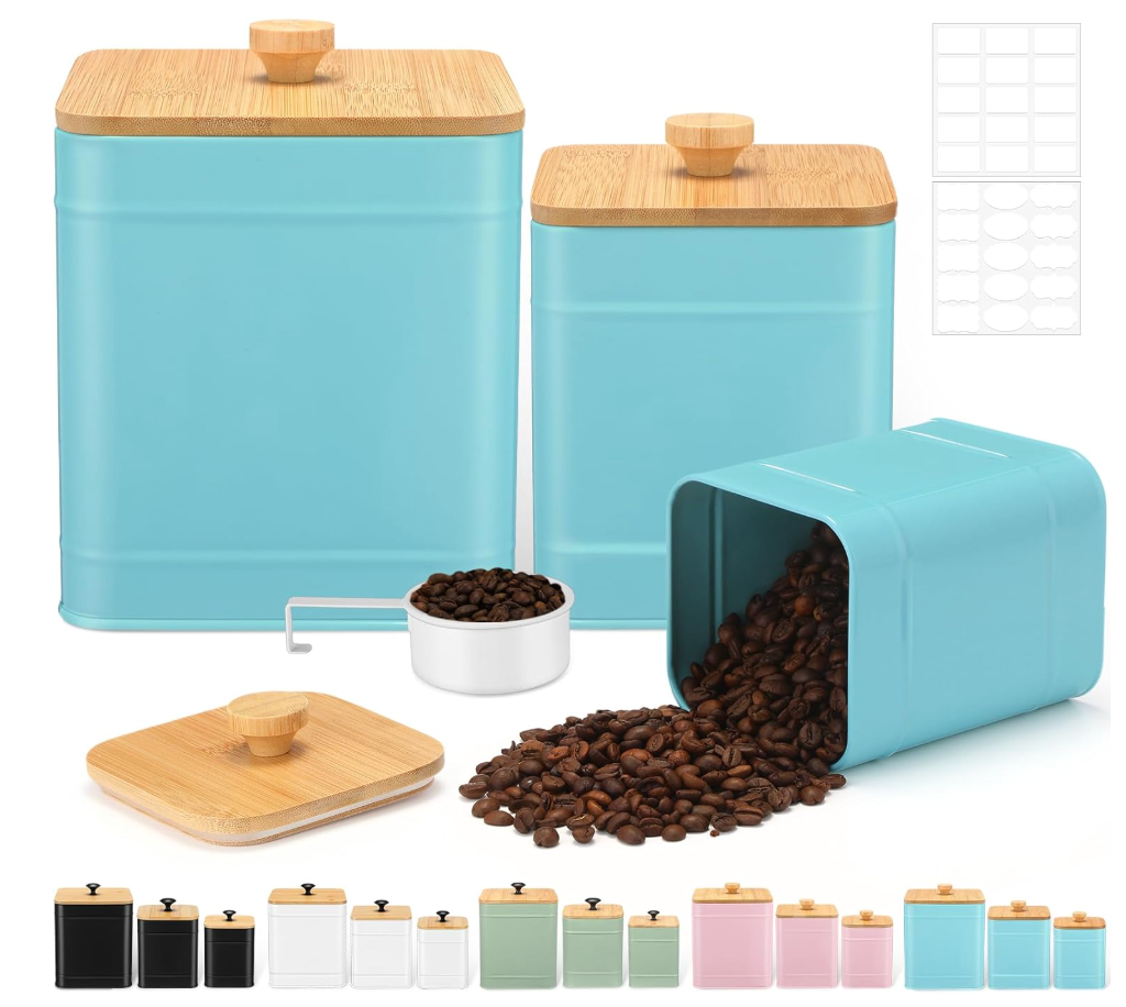 Tioncy Kitchen Canisters for Countertop Set of 3 Metal Canisters Sets with Bamboo Lids Spoon Airtight High Capacity Coffee Tea Sugar Flour Jars with DIY Labels Farmhouse Food Storage(Turquoise,L,M,S)