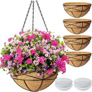 4 Pack 14 Inch Hanging Baskets for Plants Outdoor Large Flower Planters with Coco Liner for Outside Panting Watering Plant Pot Holder for Home Garden Porch Balcony Railings Decor