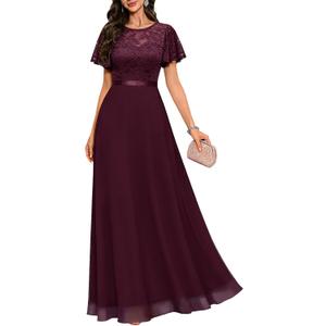DRESSTELLS Womens Formal Dresses for Wedding Guest Prom Ruffle Sleeve Lace Maxi Dress Evening Gown 2026 (XX-Large, Burgundy)