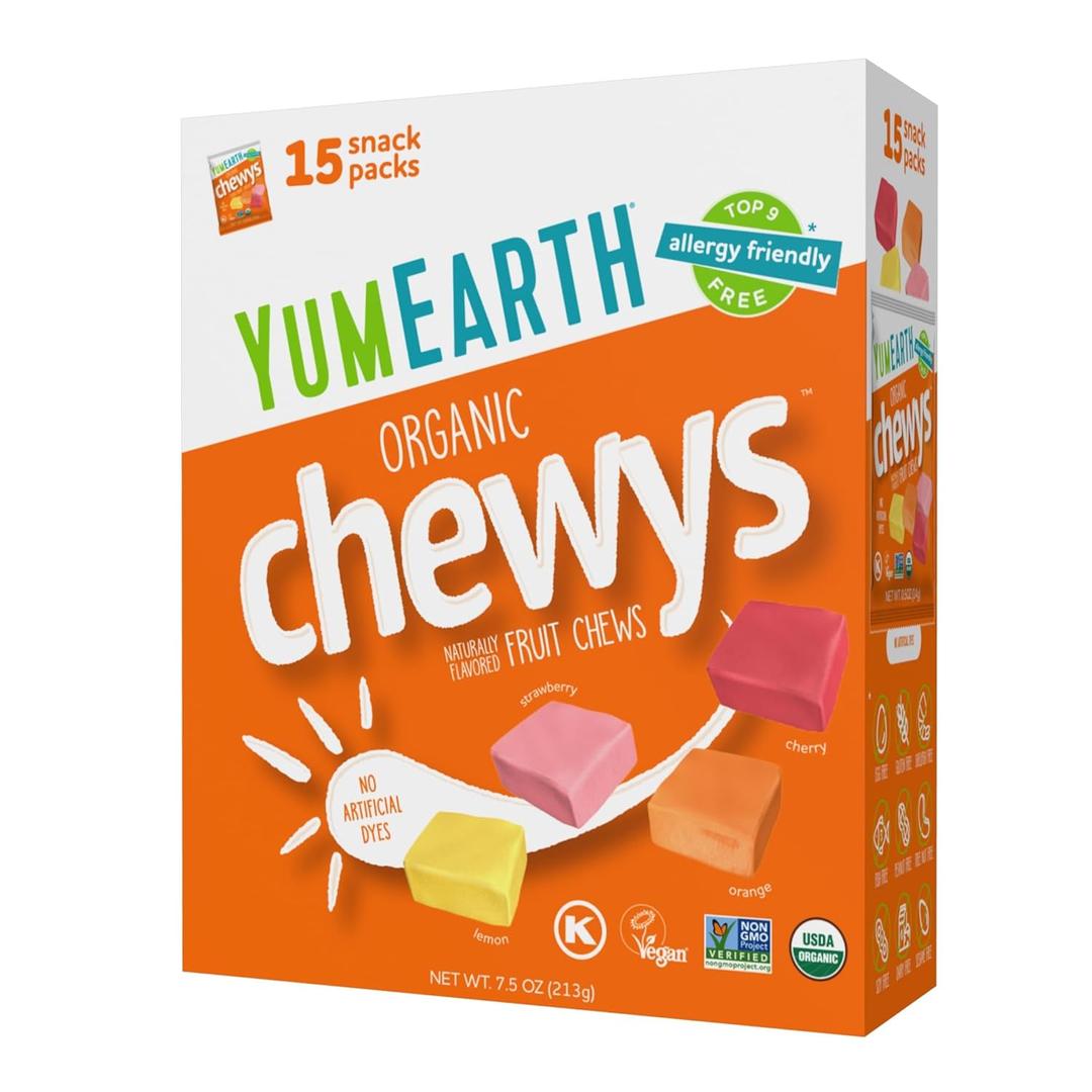 YumEarth Organic Chewys Fruit Flavored Candy Chews - Allergy Friendly, Gluten Free, Non-GMO, Vegan, No Artificial Dyes - Assorted Flavors, 7.5 oz. (7.5 Ounce (Pack Of 1))
