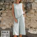 EXLURA Womens Summer 100% Cotton 2 Piece Outfits Striped Sleeveless Top Capri Wide Leg Pants Sets Faux Linen Beach Vacation (L)