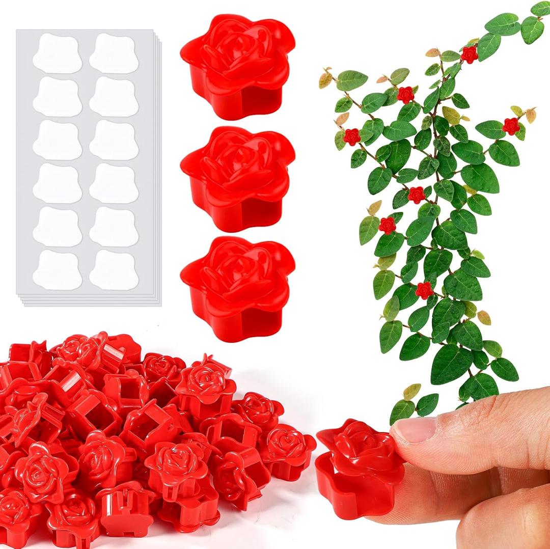 BOXOB 50pcs Plant Climbing Wall Clips, 0.39 Inch Diameter Self-Adhesive Plant Vine Fixture Hooks with 60 Stickers Climbing Vine Traction Support Holder Mount for Wall Outdoor Indoor Garden (Red)