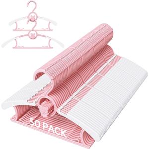 50 Pack Kids Hangers for Nursery Closet, Adjustable Non-Slip Toddler Baby Hangers with Windproof Buckle, 11-14" Infant Child Plastic Clothes Pant Hanger for Boys Girls Newborn Adult, Pink