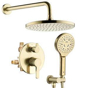 Lavatrum Brushed Gold Shower Faucet Set, Wall Mount Rain Shower System 10 Inches, and Handheld Shower Included Rough-in Valve and Trim Kit