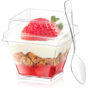 Qeirudu 2 oz Mini Dessert Cups with Lids and Spoons -100 Pack Plastic Shooter Cups for Desserts Small Square Serving Cups for Party Individual Pudding Parfait Jello Ice Cream