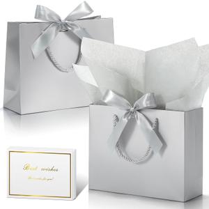 DOYIDE 30 Pack Gift Bags Medium Size with Ribbon and Greeting Cards Tissue Paper, 9"x7"x3.1" Portable Paper Gift Bag with Handles, Thank You Bags for Wedding Birthday Party Mothers Day Bridal Shower (Silver)