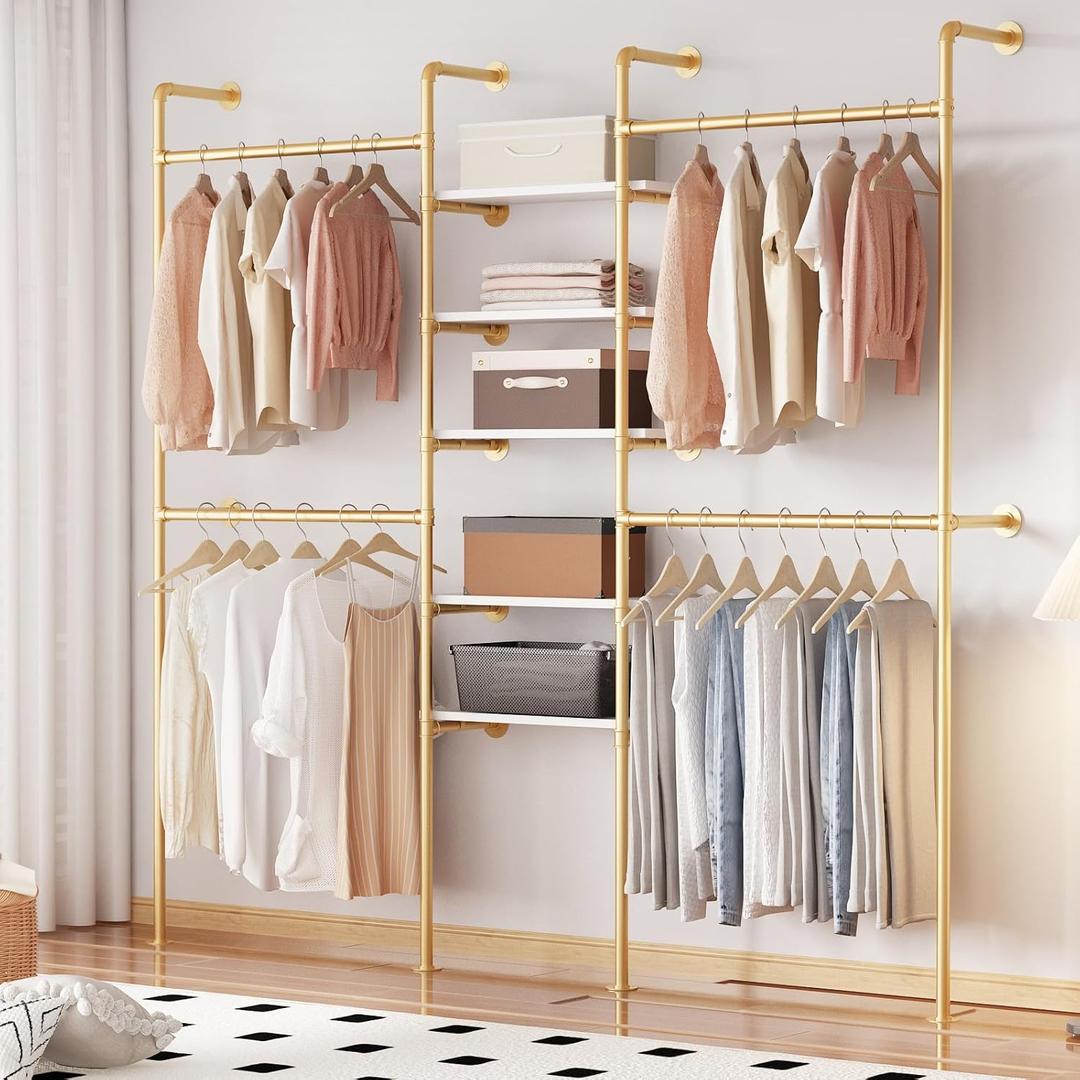 Industrial Pipe Clothing Racks with 5 Shelves, Wall Mounted Gold Clothes Rack for Hanging Clothes, Gold Wall Clothing Rack, Heavy Duty Clothes Rack for Walk in Closet, Laundry Room