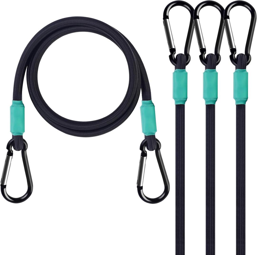 Black Bungee Cords with Hooks 36 inch Heavy Duty, 4-Piece Carabiners Style, 5/16 inch Diameter Cord with Nylon Fiber, UV Resistant