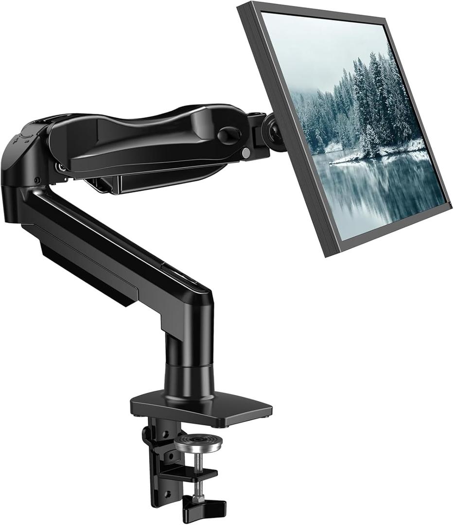 HUANUO Single Monitor Mount, 13 to 32 Inch Pneumatic Spring Monitor Arm, Adjustable Monitor Stand, Vesa Mount with Clamp and Grommet Base - Fits 4.4 to 19.8lbs LCD Computer Monitors (Black)