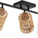 3-Light Rattan Ceiling Lighting Kits Track Lighting Fixture with Boho Farmhouse Style, Modern Bathroom Light Fixtures Black Spotlight and Rattan Shades for Kitchen Bathroom Living Room Hallway