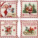 PANDICORN Vintage Christmas Pillow Covers 16x16 Set of 4 for Christmas Decorations, Red Christmas Santa Trees Candy Cane Sleigh Rides Reindeer Rustic Country Holiday Decor Throw Pillows Cases