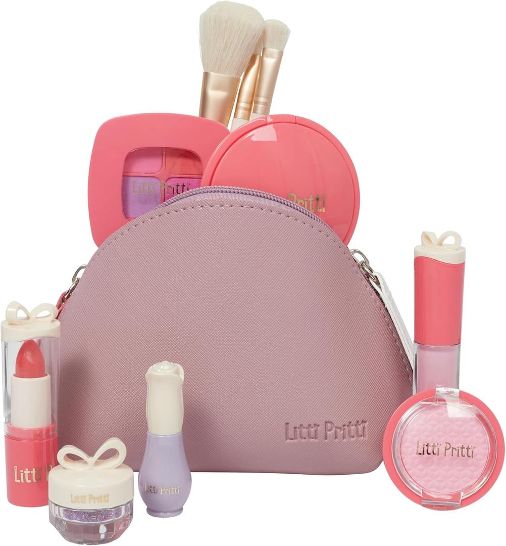 Litti Pritti Pretend Makeup for Toddlers - 11-Piece Play Makeup Set for Little Girls Age 3 and Up - Kids Cosmetic Bag Includes Brushes, Lipstick, Nail Polish - Pretend Play Toddler Girl Toys