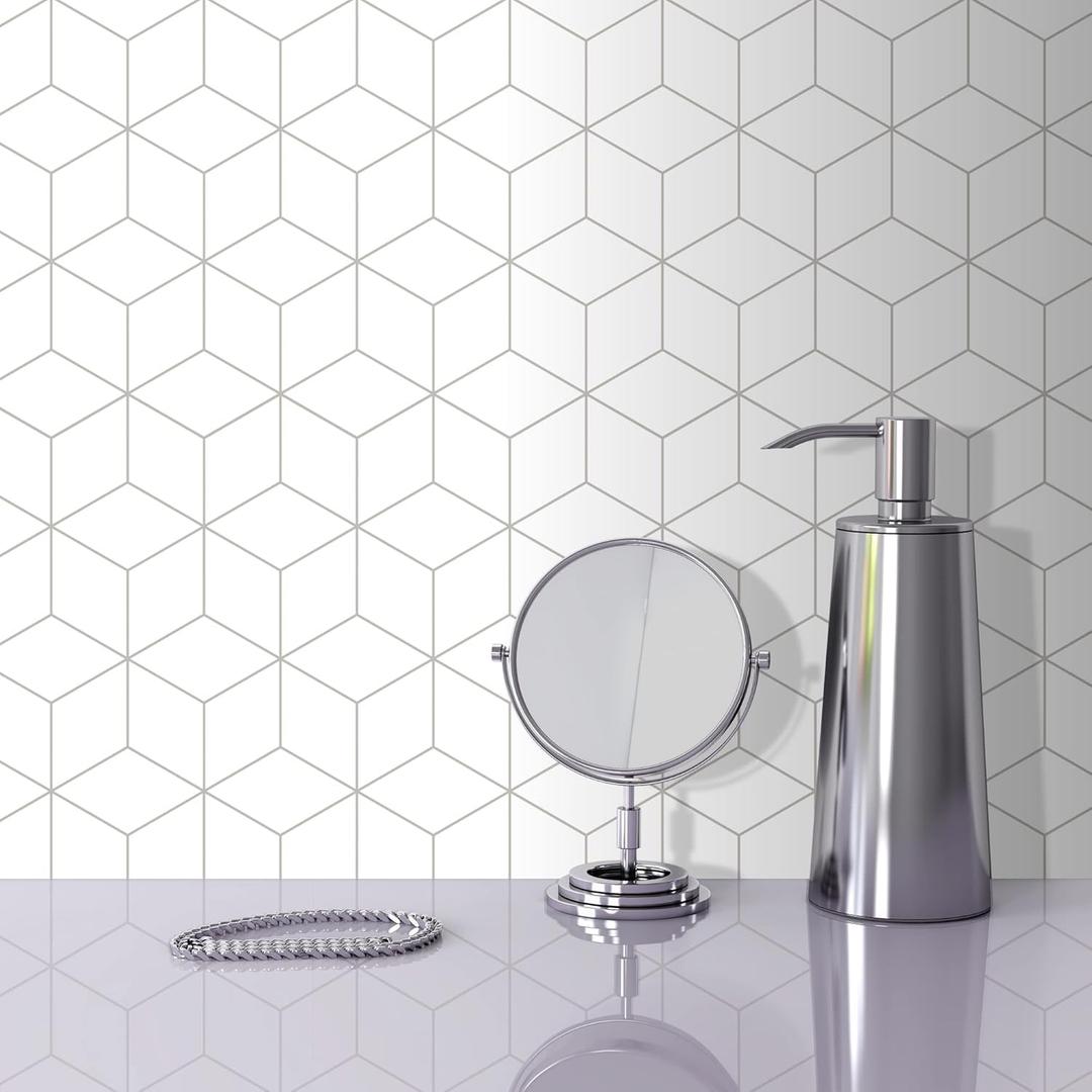 The Tiles Plaza Rhombus Backsplash Tile for Kitchen Peel and Stick, Stone Composite Self Adhesive Tiles, 3D Cube Wall Tile for Kitchen, 12 x 13 Inch 10 Sheets White