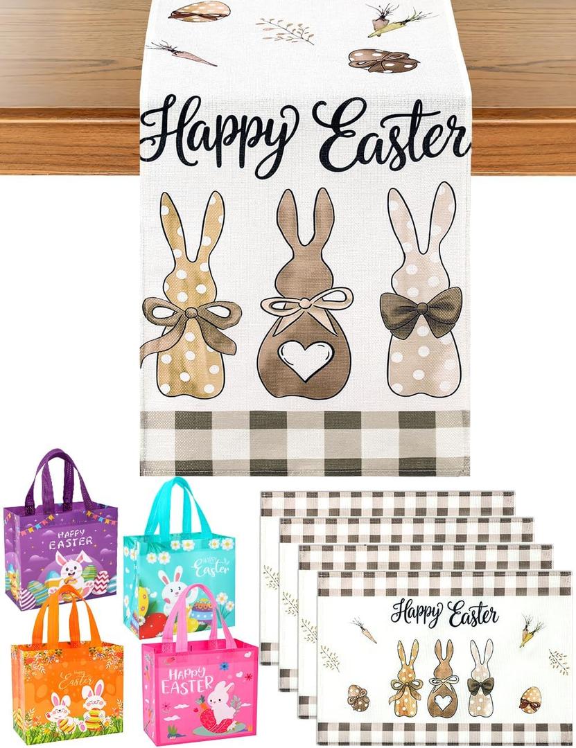 2 x multiWins Easter Table Runner with 4 Table Mats & 4 Gift Bags, Carrots Bunny Happy Easter Spring Table Decor, 13x48 Inch Runner & 12"x18" Mats for Dining Kitchen Home Party Indoor Outdoor Decor
