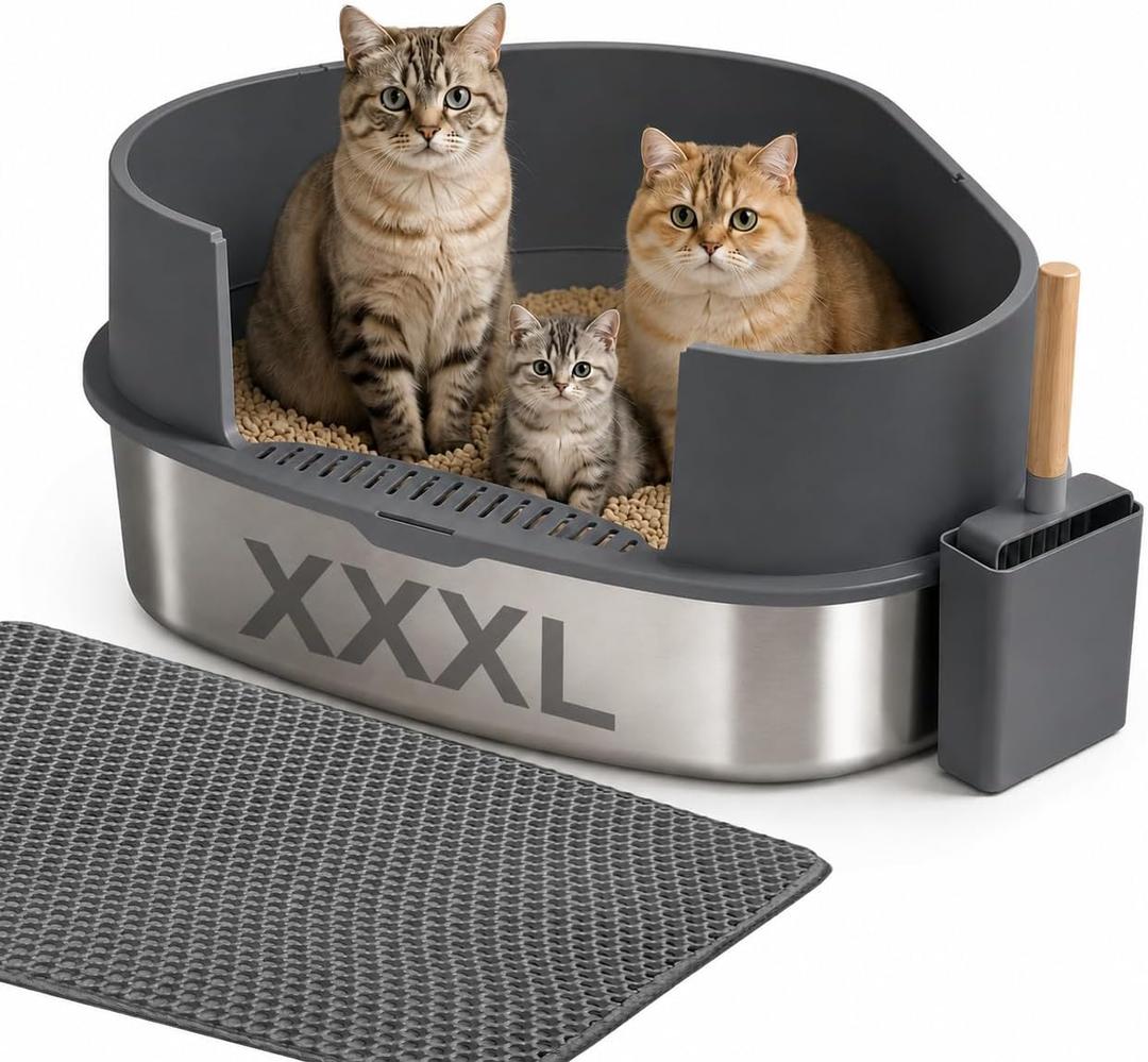 Gimars XXXL Stainless Steel Litter Box with Lid, 26.6" L x 20.3" W x 11.8" H Triangle Corner Metal Litter Box for Big Cats, Space-Saving Side Entry, High Sides, Easy to Clean