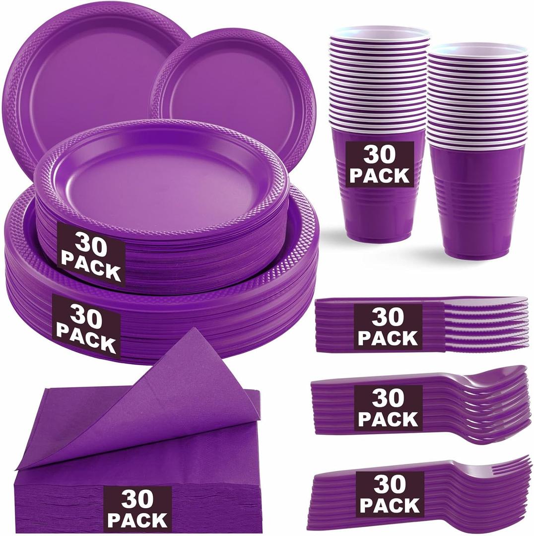 WELLIFE 210Pcs Purple Plastic Dinnerware Set, Party Supplies Including Party Plates and Cups and Napkins Sets for 30 Guests, Purple Plastic Plates
