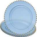 PLASTICPRO Translucent Blue with Gold Rim Plastic Charger Plates with Beaded Edge  Pack of 8  13" Elegant Round Disposable Chargers for Weddings, Events, Parties, and Dinners