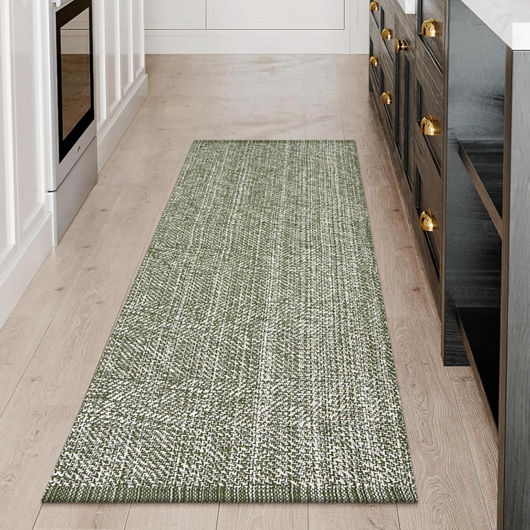 LEEVAN Washable Runner Rug 2'x5', Green Hallway Runner Rug, Hand-Woven Reversible Entryway Rug, Cotton Modern Bedroom Rug, Farmhouse Bathroom Rug, Soft Laundry Room Rug, Long Carpet Sink Foyer