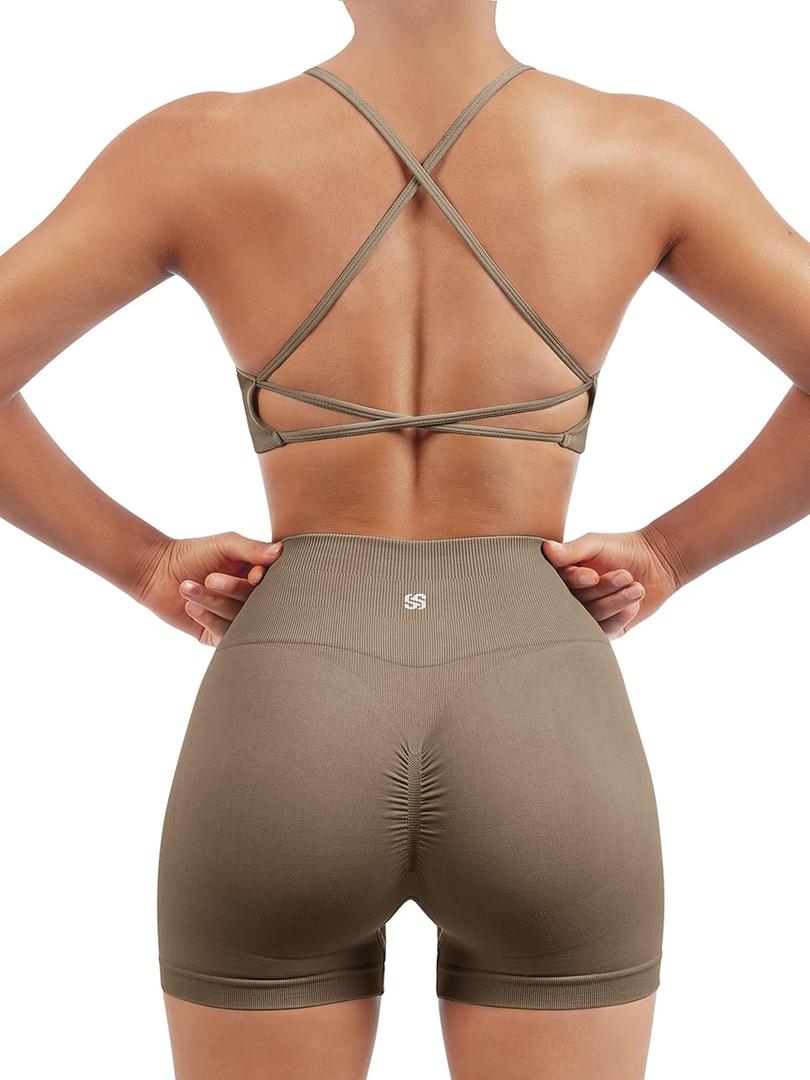 SUUKSESS Women Seamless Workout Sets Strappy Sports Bra High Waist Booty Shorts Outfits (4-6, #1 Dark Coffee)