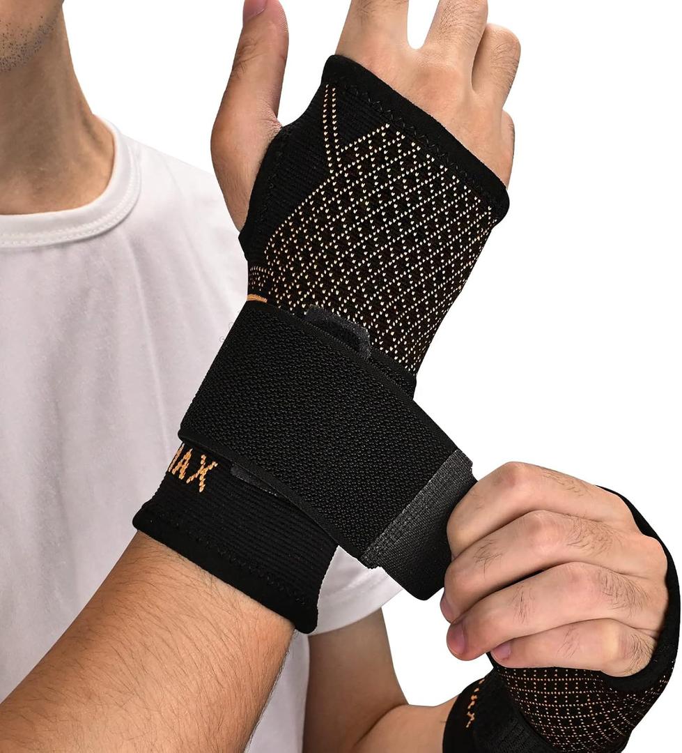 INDEEMAX Copper Wrist Compression Sleeve 1 Pair, Comfortable Hand Brace Support with Strap for Arthritis, Tendonitis, Sprains, Workout, Carpal Tunnel - Left & Right - Women and Men (Black New)