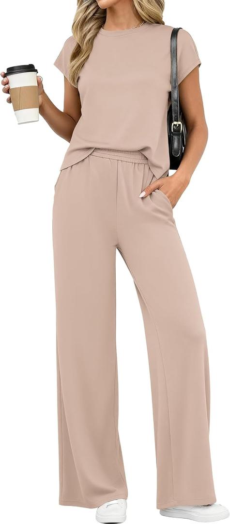 PRETTYGARDEN Womens 2 Piece Outfits Casual Cap Sleeve Lounge Set Summer Tracksuits Matching Sets Beach Fashion Travel Clothes(Beige, Medium)