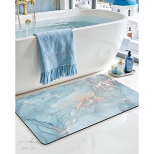 DEXI Bathroom Mat Ultra Thin, Non Slip Bath Rug for Shower Floor, Absorbent Quick Dry Marble Bathmats Low Profile, 17x32, Blue