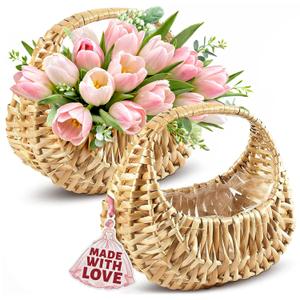 Small Flower Girl Basket Set of 2 - Small Wicker Basket with Handle and Waterproof Lining, 6.3 x 5.12 x 3.75 Inch - Rattan Design for Wedding Flower Petals, Candy, Gift Use, Storage and Home Decor