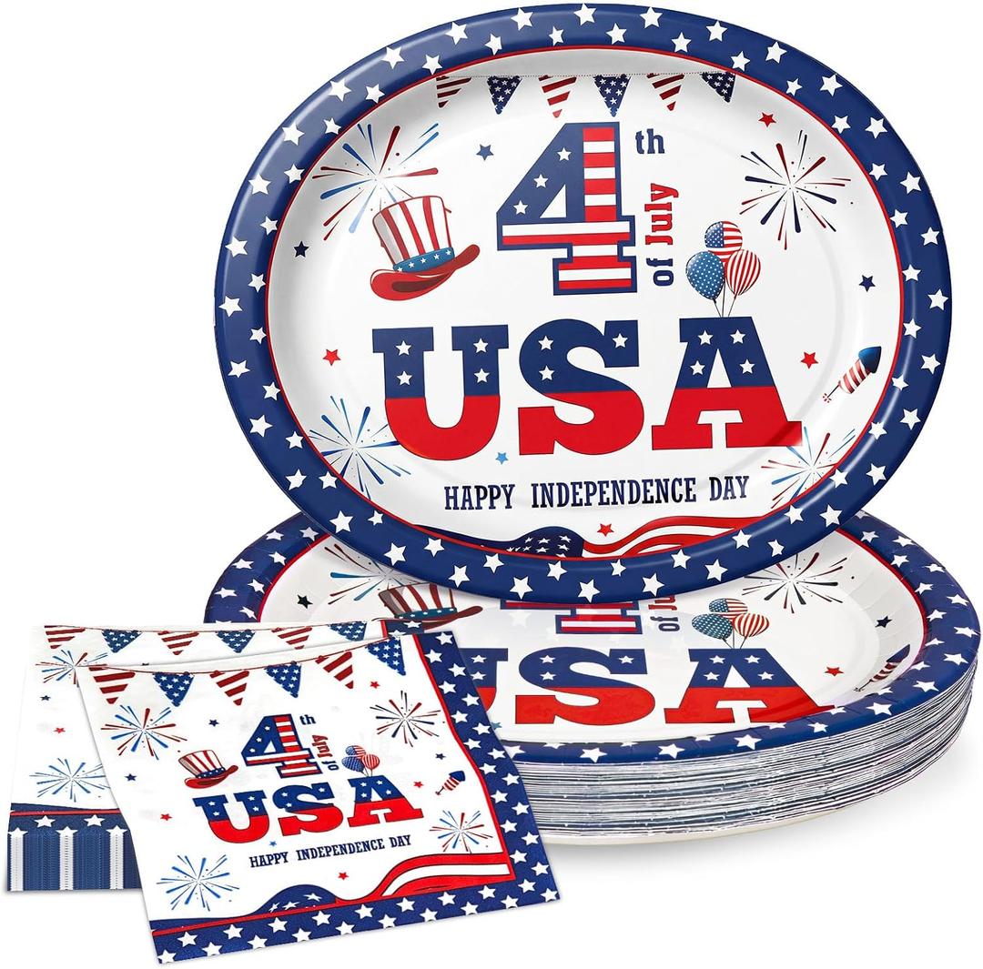 40Pcs 4th of July Oval Plates and Napkins Serves 20,Large Patriotic Paper Plates 12 Inch,250th Anniversary Party Decorations for Independence Veterans Labor Day