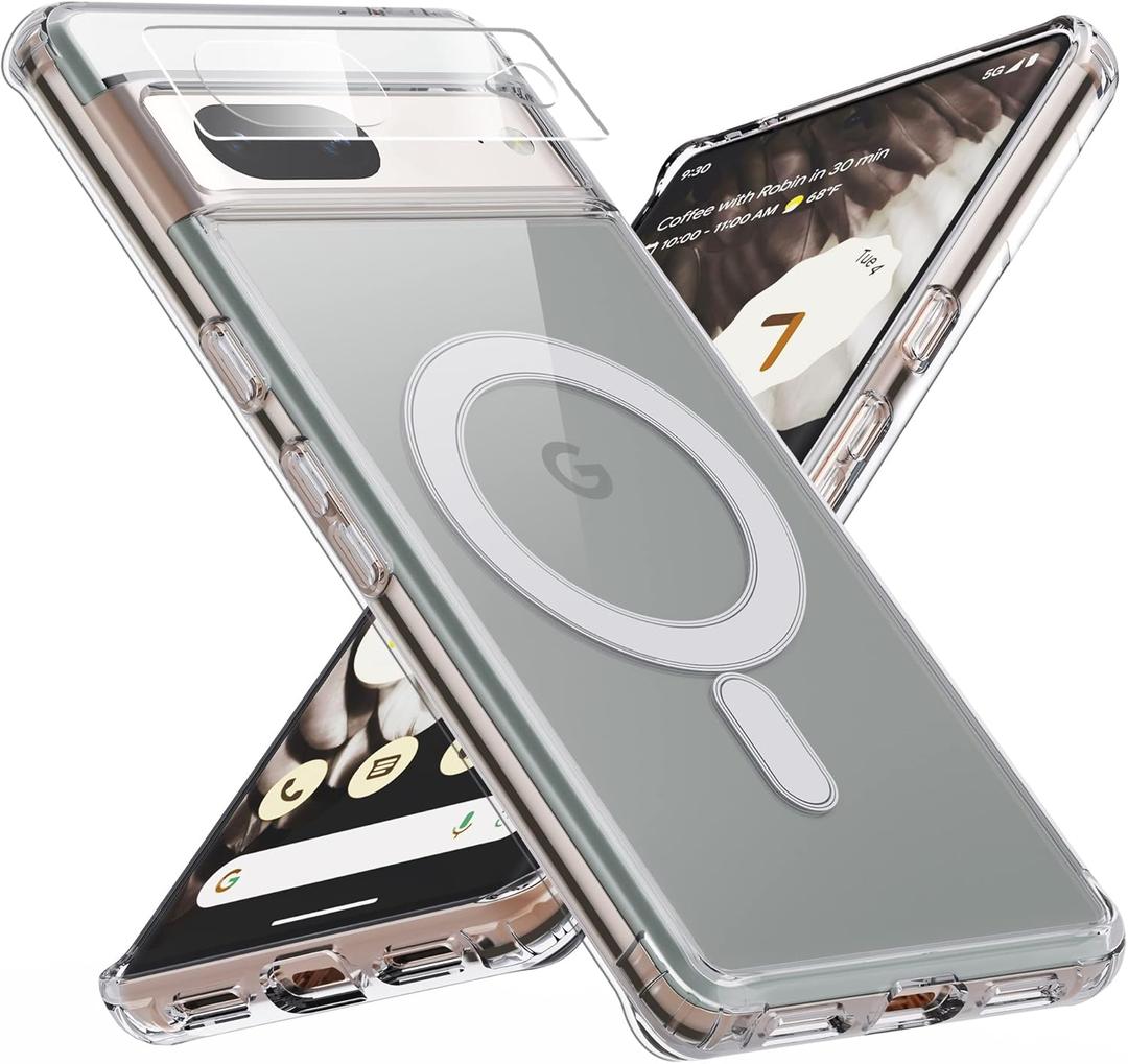 for Google Pixel 7 Case, Magnetic Cover Compatible with MagSafe, Slim Thin Crystal Clear Shockproof Phone Shell with Hard Back & Soft Edge, Camera Lens Protector
