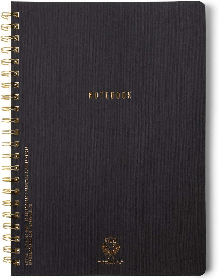 DesignWorks Ink Textured Paper Twin Wire Notebook, Daily Planner & Soft Cover Writing Journal, 160 Lined Perforated Pages, Large Spiral Notebook for Work & Journaling, 8.25 x 11.625 in, Black