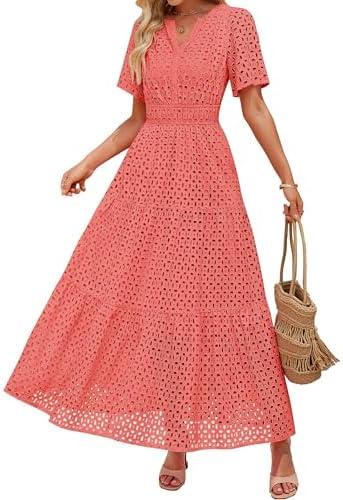 ZESICA Women's 2025 Summer Short Sleeve Maxi Dress Casual V Neck Hollow Out Eyelet Ruffle Swing A Line Long Dresses, Size XL