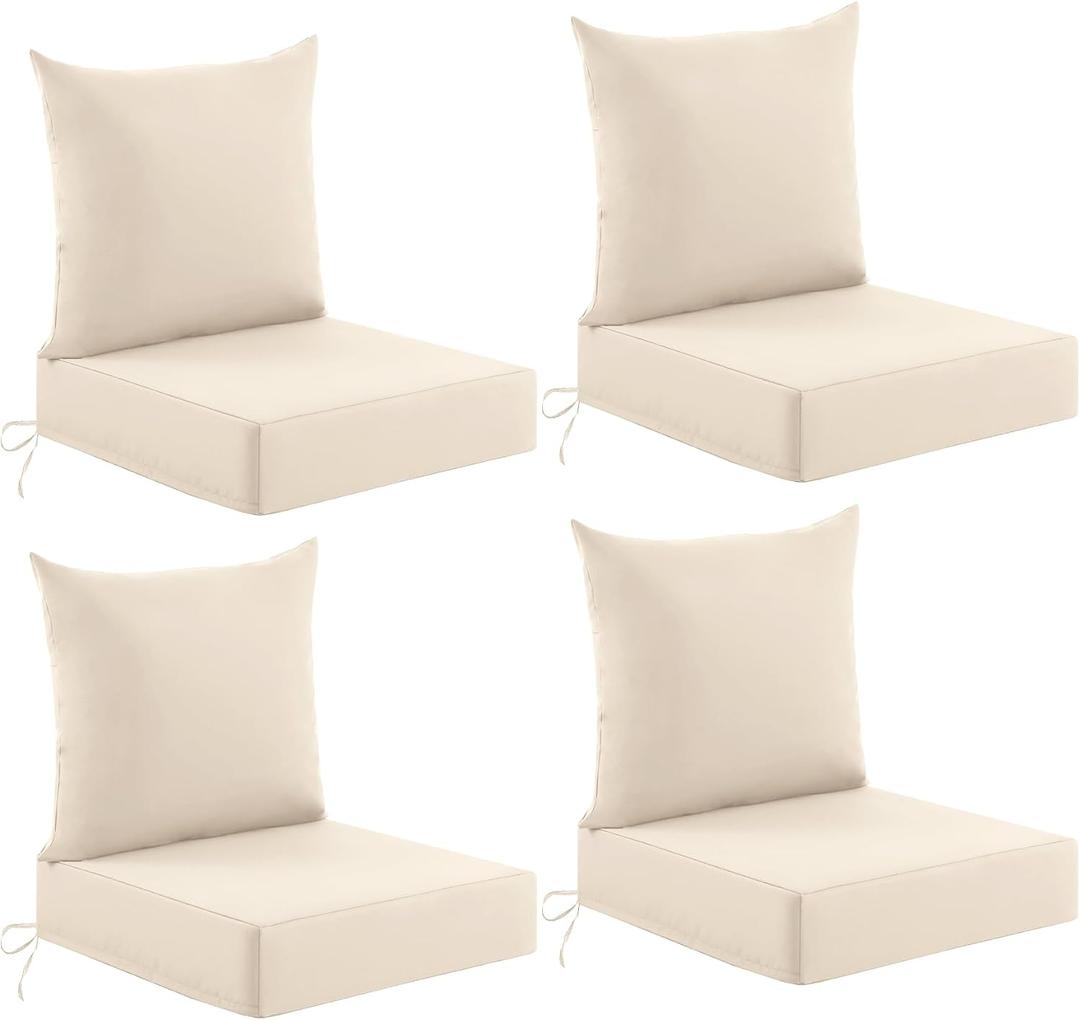 Deep Seat Patio Cushions Set of 4, 24x24x5.75 Inch, Waterproof Outdoor Chair Cushions, Fade Resistant Patio Furniture Cushions with Ties for Couch, Sofa, Lawn, Outside, Beige, 24*24+5.75/25*22.5 inch