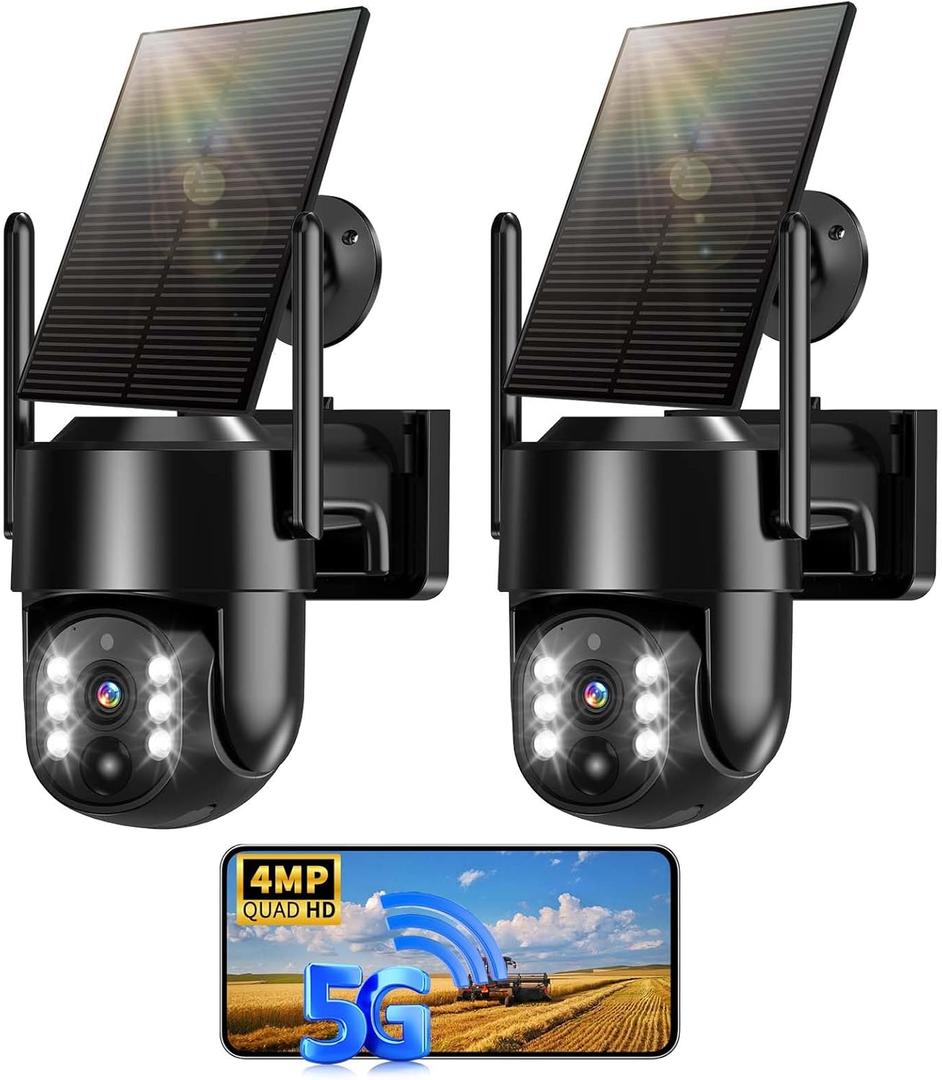 Solar Security Cameras Wireless Outdoor, 5G/2.4G Solar WIFI Cameras for Home Security,Solar Powered Outside Camera Wireless,Human Detection, Color Night Vision, 2-Way Talk for home Porch/Garage/Yard (Black Two Cam)