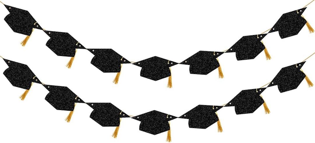 Graduation Decorations Class of 2025 Glitter Pre-Strung Congrats Grad with Tassel Party Congratulations Banner Decor College High School Graduation Party Favors Black, With Graduation Hats 