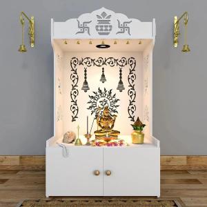 Aesthetic Wooden Temple for Home Modern Pooja Mandir with Focus Light & Shelf, DIY Installation, Large White, 109 cm