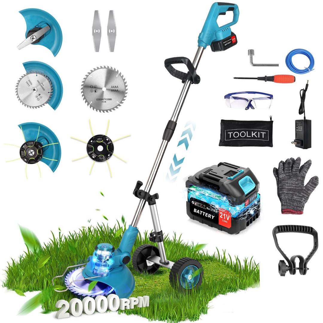 20000 RPM Electric Weed Wacker with Wheel,12 Brushless Cordless Weed Eater Battery Powered, 4-in-1 Brush Cutter/String Trimmer/Grass Trimmer/Lawn Mower,Edger Stringless Weed Trimmer,5 Blade,2 Battery