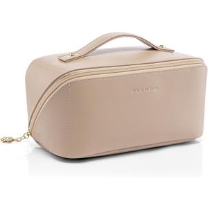 Vlando Makeup Bag,Large Capacity Travel Toiletry Bag,Cosmetic Bags for Women PU Leather Waterproof Portable Pouch with Divider & Handle-Toffee