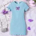 Girl's Knitted Mini Dress Casual Short Sleeve Butterfly A Line Bodycon Pencil Dress 5 Y Blue