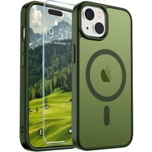 SUPFINE Magnetic for iPhone 15 Case (Compatible with MagSafe) (Military Grade Drop Protection) Slim Translucent Matte Shockproof with Anti-Fingerprint Phone Case, Cangling Green