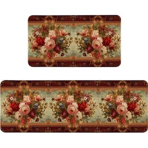 Retro Farmhouse Spring Floral Kitchen Rugs Sets of 2 Non Slip Washable, Country Vintage Flower Summer Spring Floral Kitchen Mats for Floor 2 Piece Home Decor (Victorian Rose)