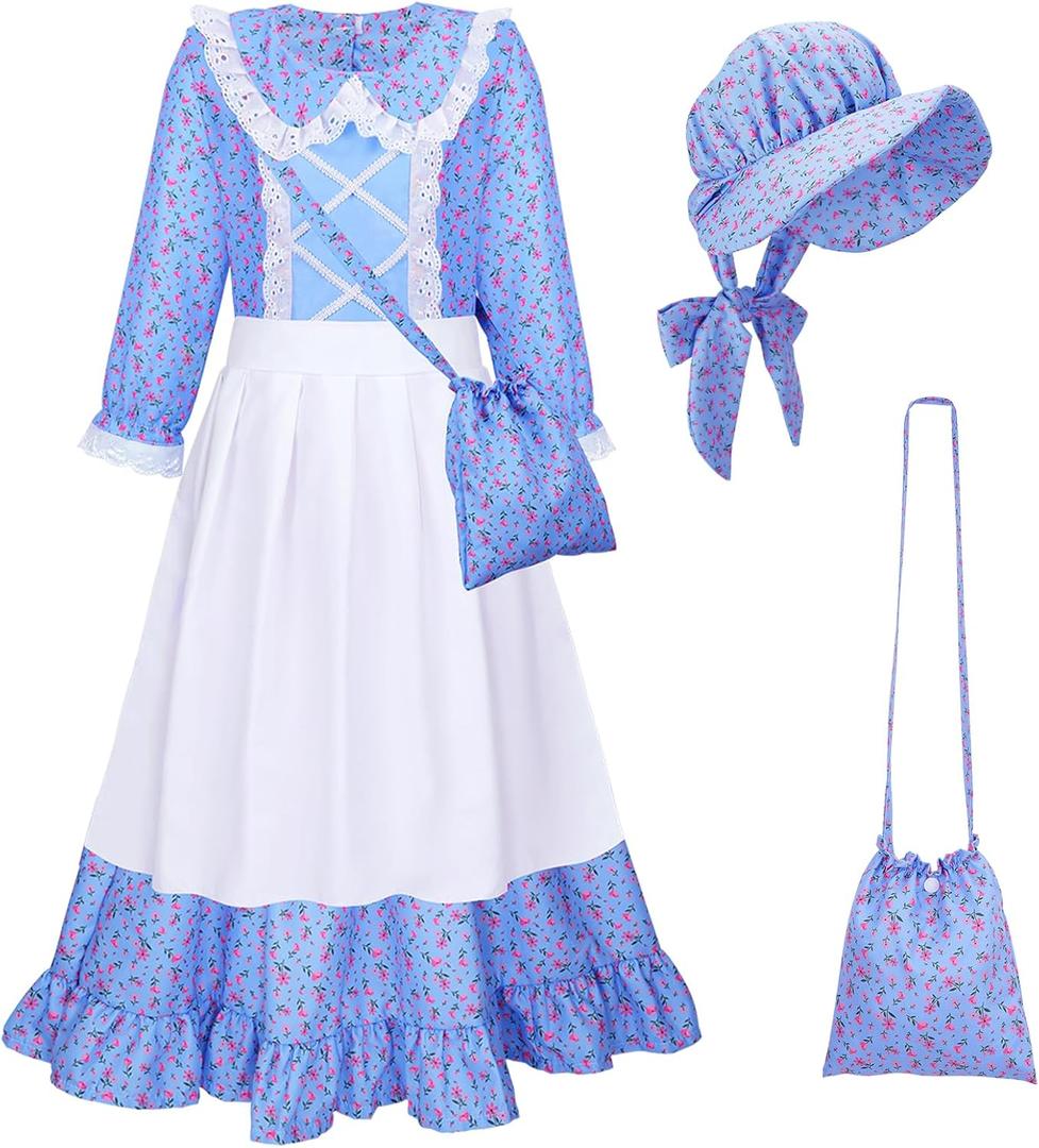 Meland Pioneer Dress for Girls, Colonial Floral Costume with Bonnet Apron & Purse, Dress Up Clothes for Girls Ages  11-13
