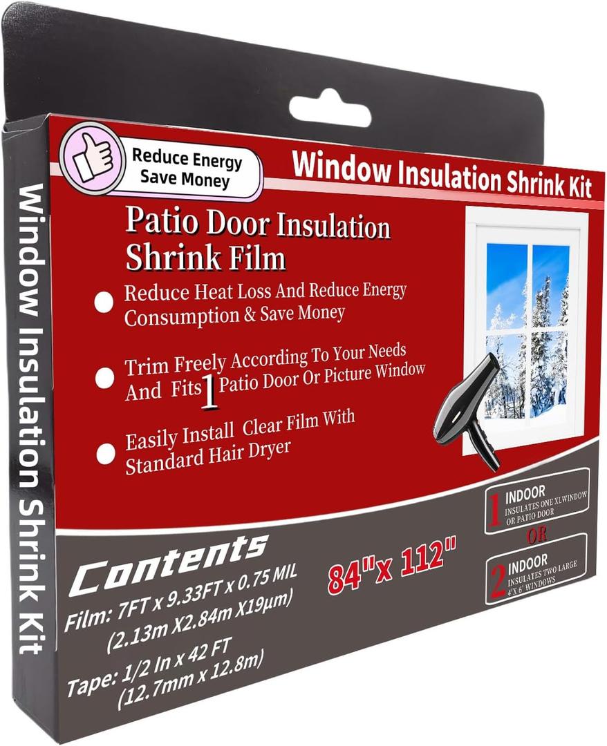Large Patio Door Shrink Film Window Insulation Kit 84-Inch By 112-InchClear, Keeps Cold Air Out and Warm Air in (1 Pack)