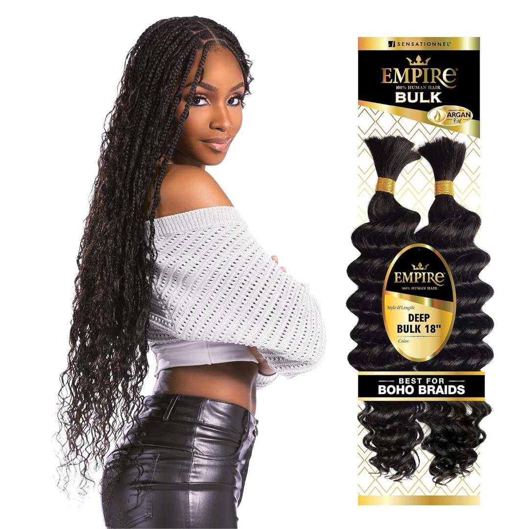 Sensationnel Empire Bulk Braiding Deep Human Hair Braids for Knotless Boho Box or Curly Loose Wave Styles - 1 pack (18 inch, 1B OFFBLACK)