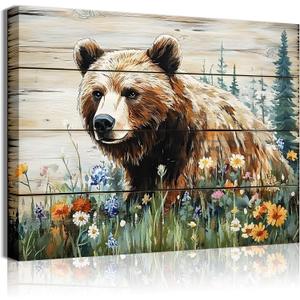 Rustic Bear Wall Art Brown Bear Wall Decor Farmhouse Forest Animal Wall Decor Kids Room Animal Artwork Wildflowers Nature Scenery Canvas Painting for Living Room Bedroom Office 24x16 Inch Canvas (24L" x16W")
