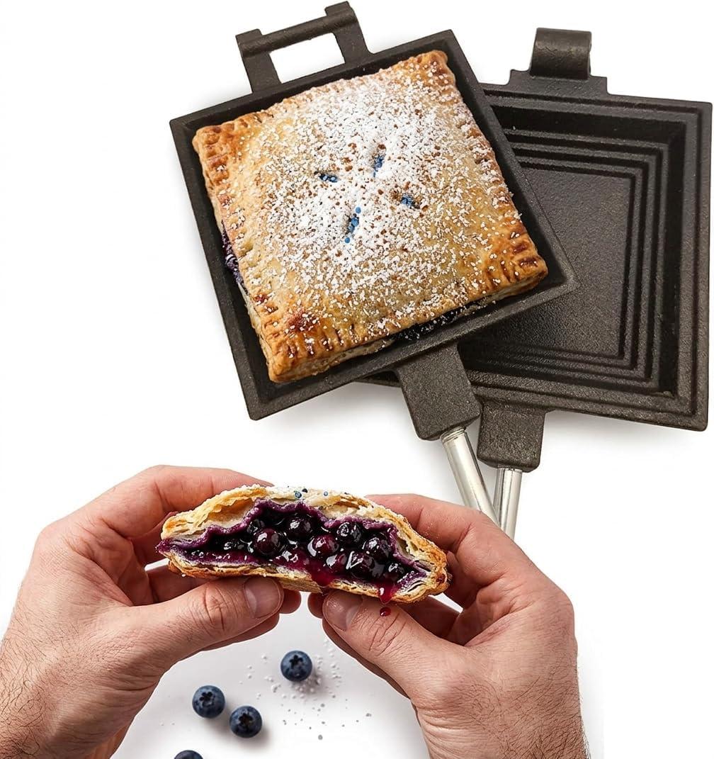 Coghlan's Cast Iron Camp Cooker - Pre-Seasoned Pie Iron Sandwich Maker with Heat-Resistant, Removable Handles, Easy-to-Clean for Toasted Pies, Grilled Sandwiches, and Meats, For Campfire Cooking