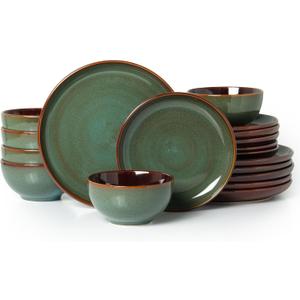 Pokini Stoneware Dinnerware Sets for 6, Microwave Safe Plate and Bowl Set, Easy to Clean & Durable Dishes Sets for Small to Medium Families, Sage Green